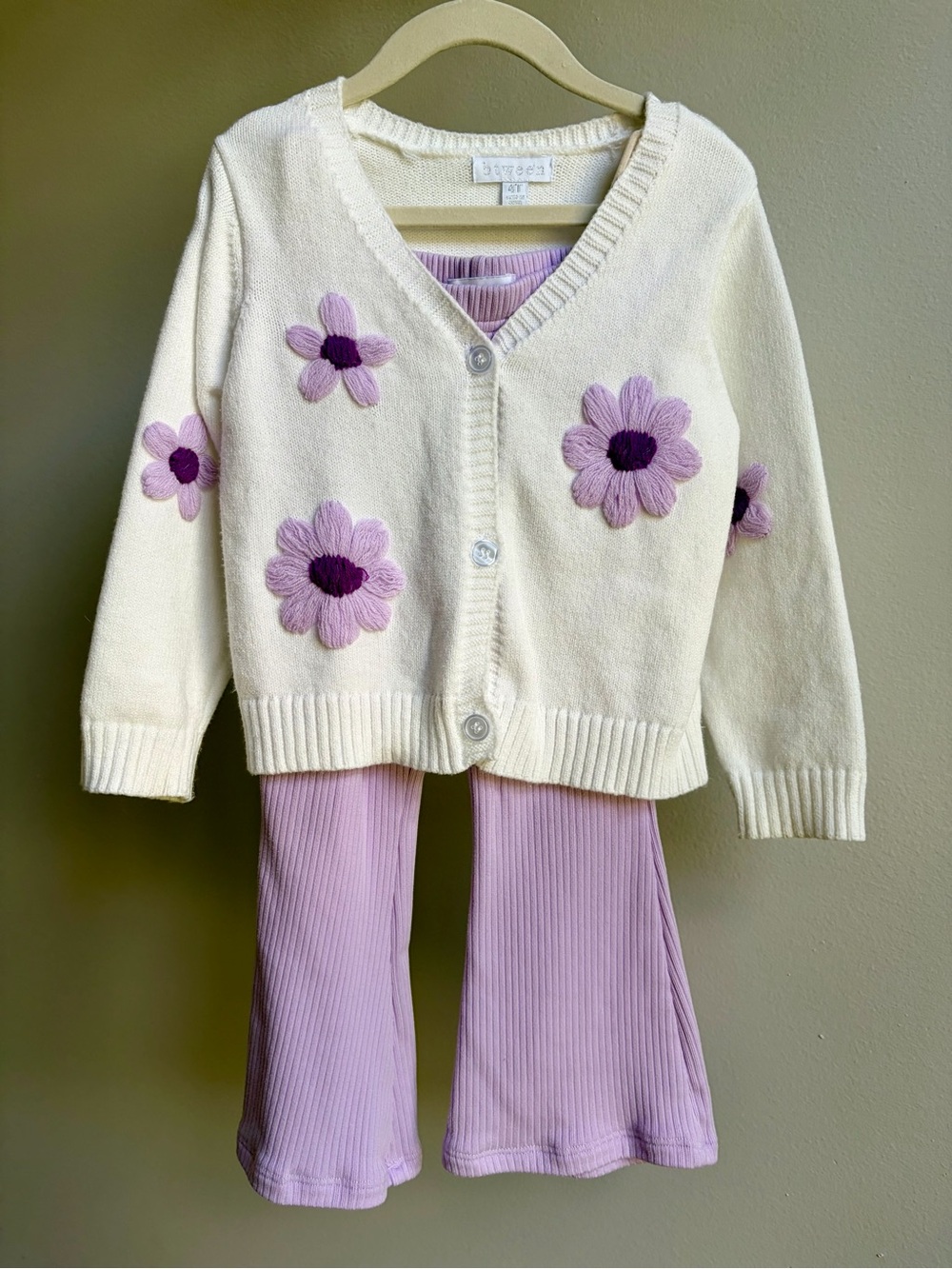 Kids Cream Cardigan & Lilac Flower Flare Set